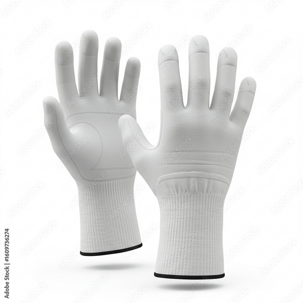 Obraz premium Two white protective gloves displayed against a clean white background.