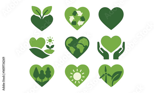 Sustainable heart icons celebrating eco-friendly practices in green