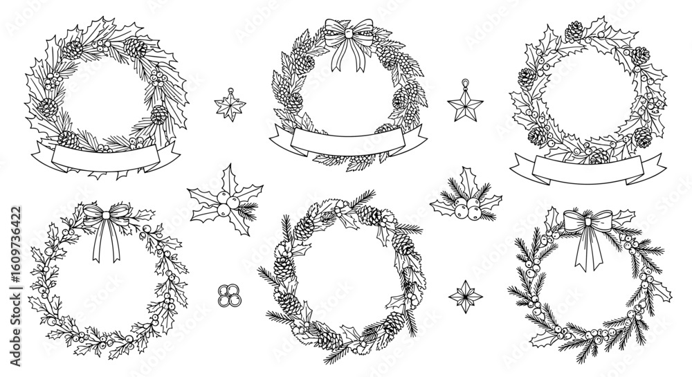 Fototapeta premium Decorative Christmas Wreaths and Festive Embellishments for Seasonal Decor, Holiday Crafting and Winter Celebration Designs