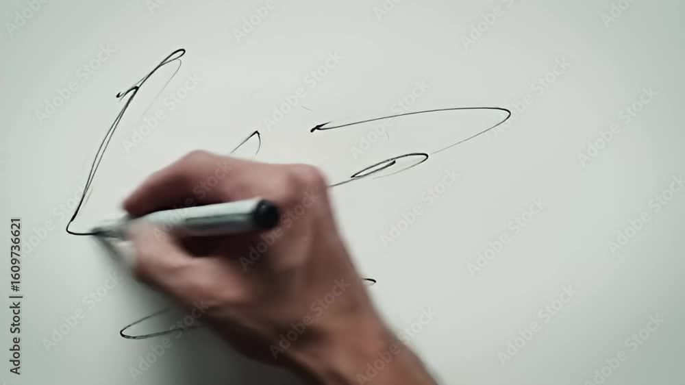 Abstract drawing of curved lines with a hand holding a marker in motion on white