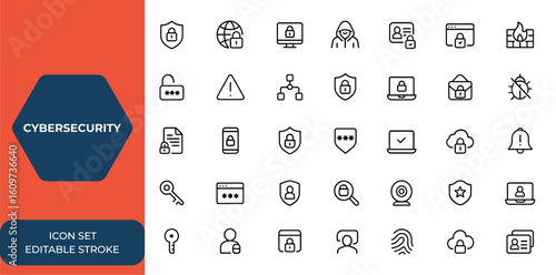Web icon set of cybersecurity in line style. Includes data protection, network security, hacking, privacy, secured technology, personal information, digital safety, editable stroke and more.