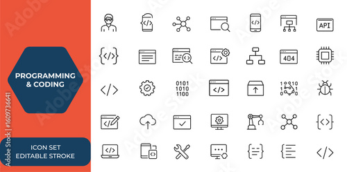 Line style web icons set for programming and coding. Developer, coder, API, software development, information technology icons for mobile app and web design. Vector illustration and more.