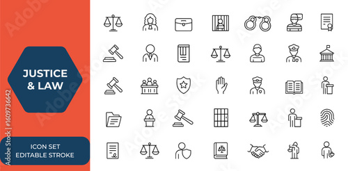 Justice and law icon set in linear style for web and mobile apps. Legal, court, lawyer, criminal, judgement, prison, legal documents, law symbols, vector illustration, law enforcement and more.