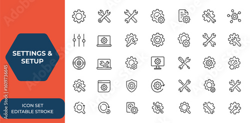 Editable stroke settings and setup icons collection. Thin line setting and setup vector illustration for user interface, control panel, gear, configuration, adjustment, system, tools, menu, and more.