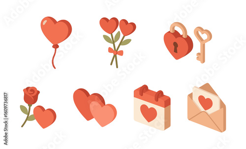 Romantic isometric icons featuring hearts, flowers, and love symbols