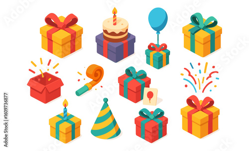 Colorful celebration elements with gifts, cake, and balloons in isometric style