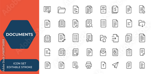 Line style document icon set. Linear web icons collection featuring certificate, folder, contract papers, approved, archive, invoice, clipboard, accept, editable stroke, business, paperwork and more.