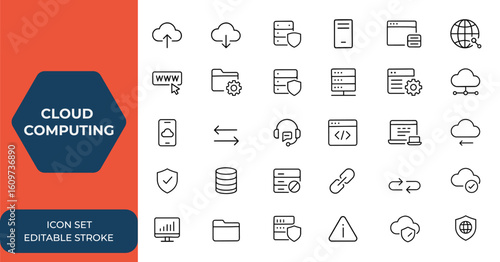 Cloud computing and web hosting icon set in line style. Mobile and web app icons for server, domain, webspace, data exchange, traffic, website, hosting service, and more.