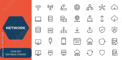 Linear network web icon set. Editable stroke collection of wireless, communication, internet, connection, IT, technology, router, signal, information technology icons for web and mobile apps and more.