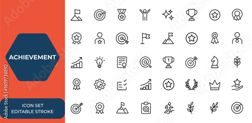 Achievement and success linear web icons set. Motivation, awards, goals, targets, competition, winner, laurel branch, reward, plan, aim, process icons for mobile app, design, business and more.