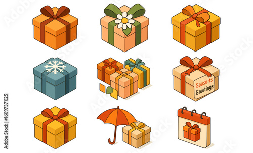Colorful gift box collection with seasonal themes and decorative elements