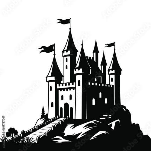 Stylized silhouette of a majestic medieval castle on a hilltop