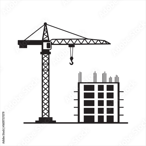 Monochromatic Construction Site Illustration Featuring a Tower Crane and an Unfinished Building Against a Plain White Background With Simple Design Elements