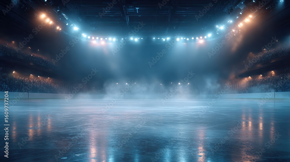 Obraz premium Professional ice rink sport arena.Hockey stadium with spotlights, steam. Ice textured background. Sport banner with copy space. Generative ai.