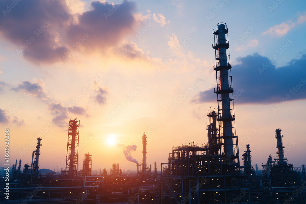 Obraz premium Sunset over oil refinery with smokestacks silhouette