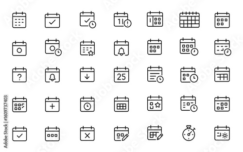 Linear Calendar Icon Set for Web. Editable Stroke Collection of Line Style Calendars Featuring Schedule, Planning, Reminders, Deadline, Months, Weeks, Days, Time Management, and More.