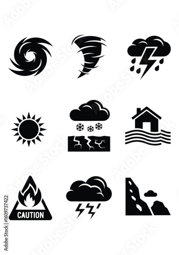 Collection of Weather and Natural Disaster Warning Icons Including Storms, Floods, and Caution Signs