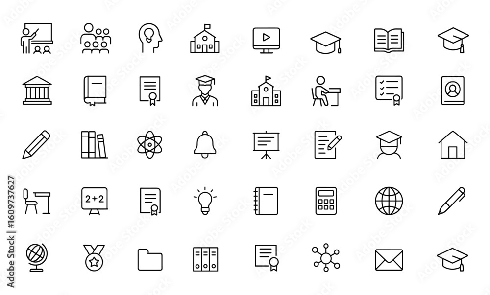 Education web icons set in linear style for mobile and web apps. Classroom, students, learning, back to school, knowledge, online education vector illustration, e-learning, study tools and more.