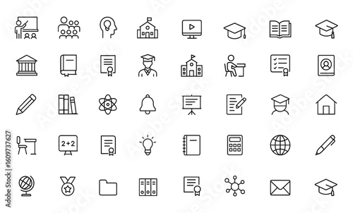 Education web icons set in linear style for mobile and web apps. Classroom, students, learning, back to school, knowledge, online education vector illustration, e-learning, study tools and more.
