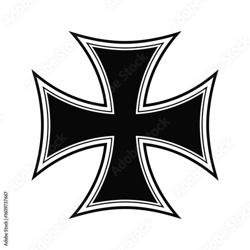 Black iron cross military symbol with white outline on white background