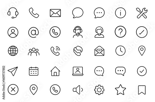 Customer support and contact icons set in line style. Social network and communication symbols for mobile app and web. Call us, email, message, phone, info, help desk and more.