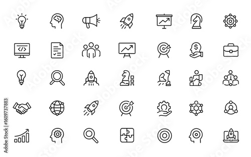 Line style web icon set for startup business. Creative idea, innovation, marketing, launch, strategy, development, project, target, startup icons for mobile and web apps, entrepreneurship