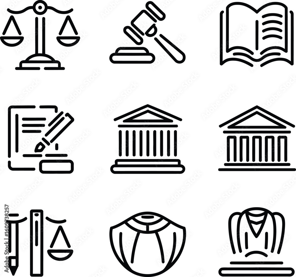 Fototapeta premium Simple Line Icons Representing Key Elements of the Legal System
