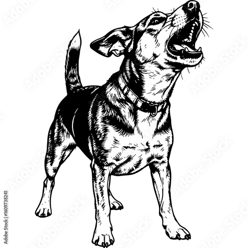 Dynamic barking dog in a striking woodcut style illustration with bold, clean lines. Energetic canine vector art howling.