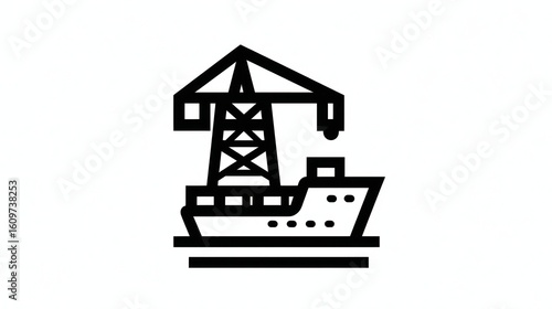 Simple black outline icon of a cargo ship with a crane on top of it, on white