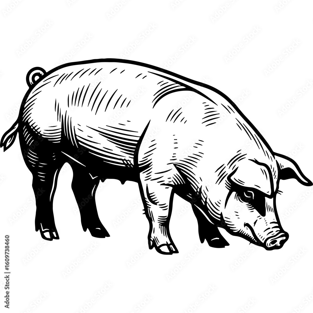 Fototapeta premium Woodcut style illustration of a pig, a farm animal, with bold and clean lines. Vintage black and white engraving of livestock.