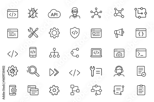 Developer icon set for web and mobile apps in thin line style. Coding, bug fix, API, programmer, node connect, code flow, web coder linear icons, vector illustration, UI, UX and more.