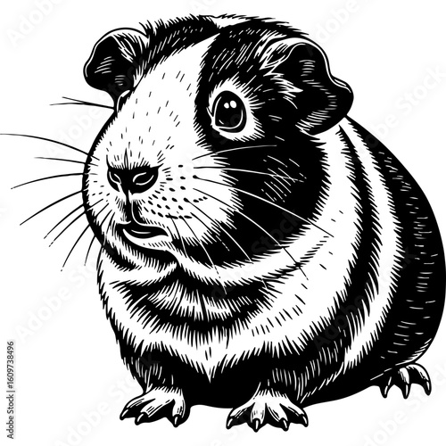 Black and white guinea pig illustration in a vintage woodcut style, featuring bold, clean lines and intricate detail, isolated artwork.