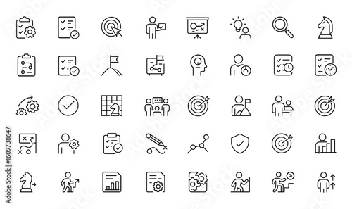 Strategic action planning icon set in line style for web and mobile apps. Includes implementation, tasks, goal setting, analysis, strategy, and planning icons for project success and more.