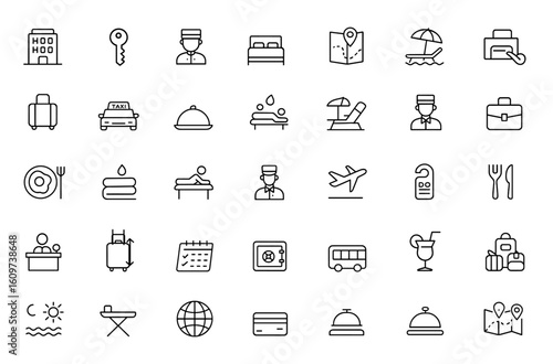 Vector illustration of hotel and vacation icons in line style. Web and mobile app icons featuring hotel services, travel, relax, recreational rest, hospitality, accommodation, tourism and more.