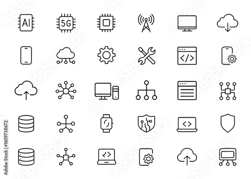 Web icons technology set in thin line style. Information technology symbols for mobile app and web. AI, 5G, computer chip, communication, software, data center, device, IT network system, web design