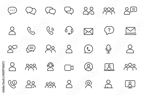 Line style web icon set for communication. Speech bubble, chat, talking, discussion, conversation, contact us, consultation signs for mobile and web app. Vector illustration and more.