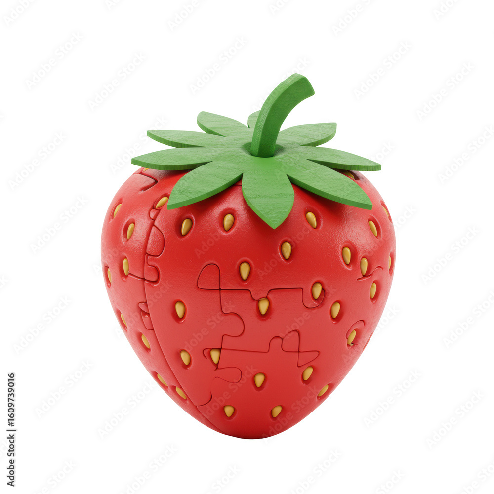 Obraz premium A single, perfectly rendered wooden puzzle piece shaped like a ripe red strawberry with green leaves and stem, smooth glossy finish, on a pristine transparent background with shadowless studio