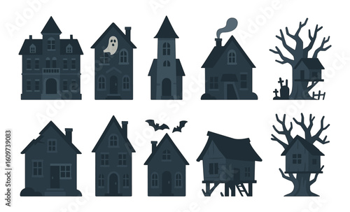 Spooky halloween haunted houses collection with eerie ghosts and bats