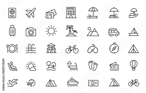 Vacation and travel web icon set in thin line style. Tourism and trip icons for mobile and web apps. Hotel, airport, tickets, tour, relax, service, recreational rest. Vector illustration and more.