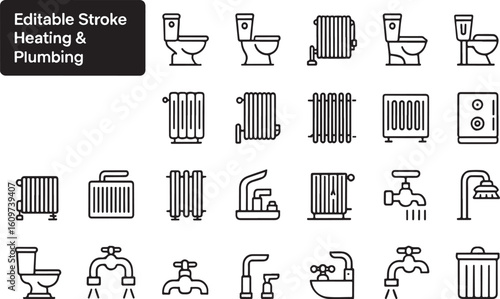 Essential Home Plumbing and Heating Line Icon Set