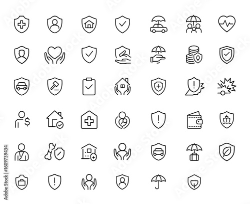 Line style insurance icons set for web and mobile apps. Assurance and protection icons for health, life, property, car, home, travel insurance, vector illustration, safety, coverage, policy and more.