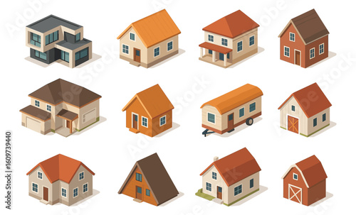 Collection of isometric tiny houses and cabins with diverse architectural styles