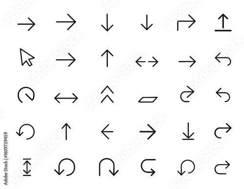 Modern black vector arrow icons collection. Flat style arrows for web design, interface, direction symbols, cursor pointers, simple arrow shapes, vector illustration set, navigation symbols and more.