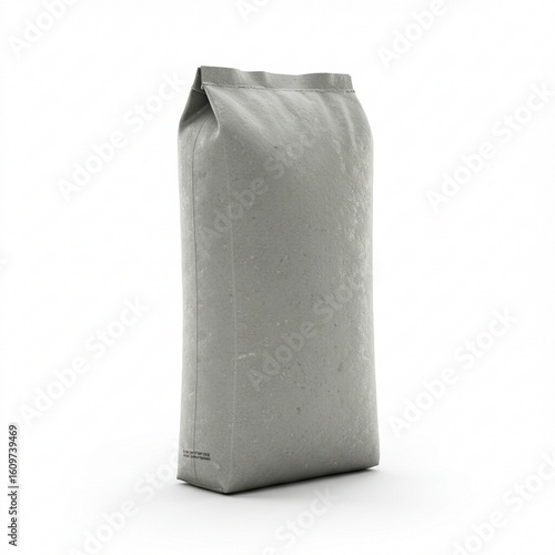 A gray, sealed paper bag stands upright on a white surface, casting a soft shadow.