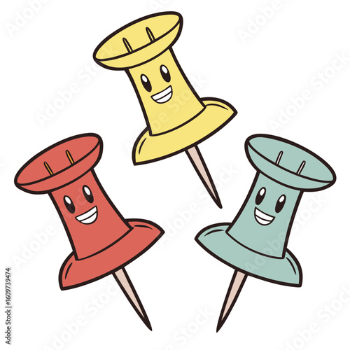 Three colorful cartoon push pins with happy faces