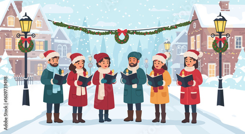 A Festive Group of Carolers Enjoying the Winter Snowfall in a Charming Village
