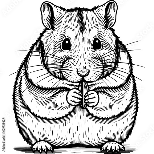 Cute Hamster Woodcut Illustration. Adorable Pet Rodent with Bold, Clean Lines, Holding a Seed. Vintage Engraving Style Art.