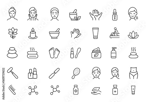 Line style web icons set for Beauty & Spa. Cosmetics and skin care icons for mobile app and web. Spa treatments, massage, anti ageing, serum, hyaluronic acid, pore tighten, cosmetology and more.