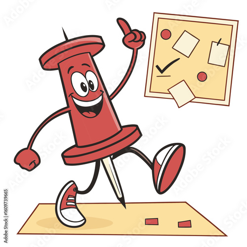 A cheerful cartoon thumbtack character pointing to a planning board