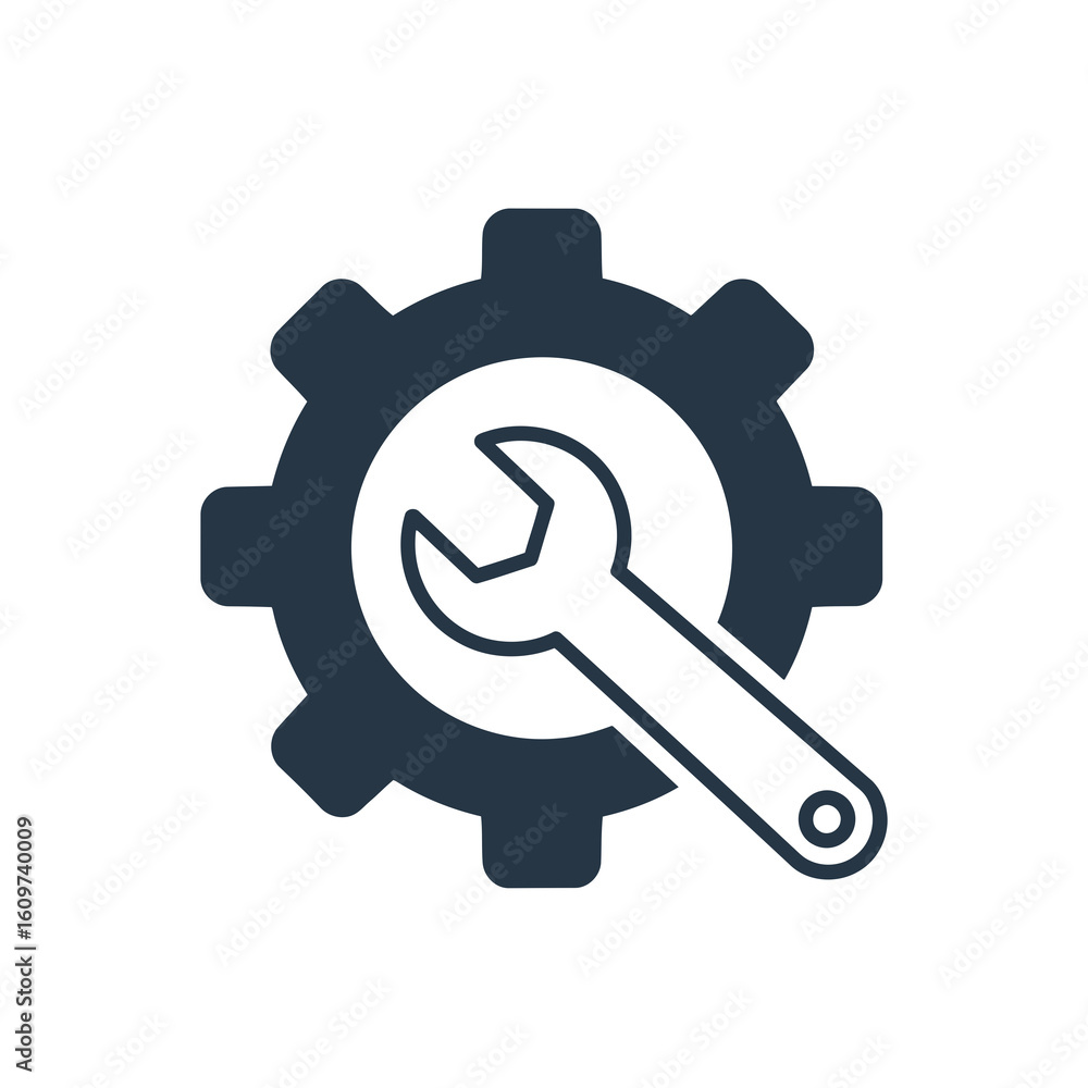 Vector illustration of a dark gear or cogwheel with a wrench positioned over its center, symbolizing mechanics and repair, isolated on a white background Vector illustration of a dark gear or cogwheel with a wrench positioned over its center, symbolizing mechanics and repair, isolated on a white background